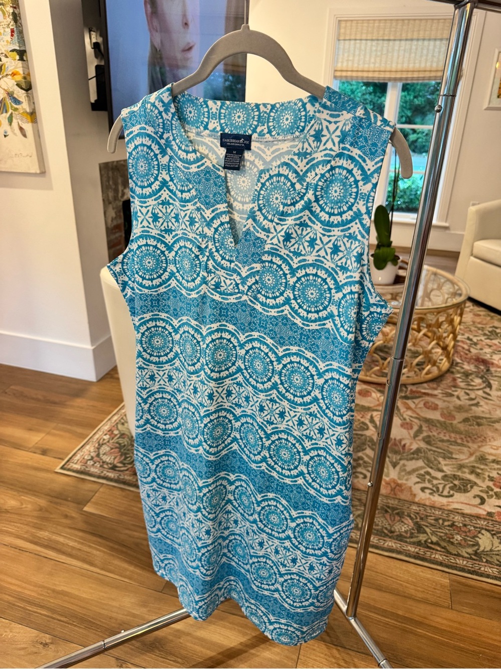 Caribbean Joe Turquoise and White Printed V-Neck Dress